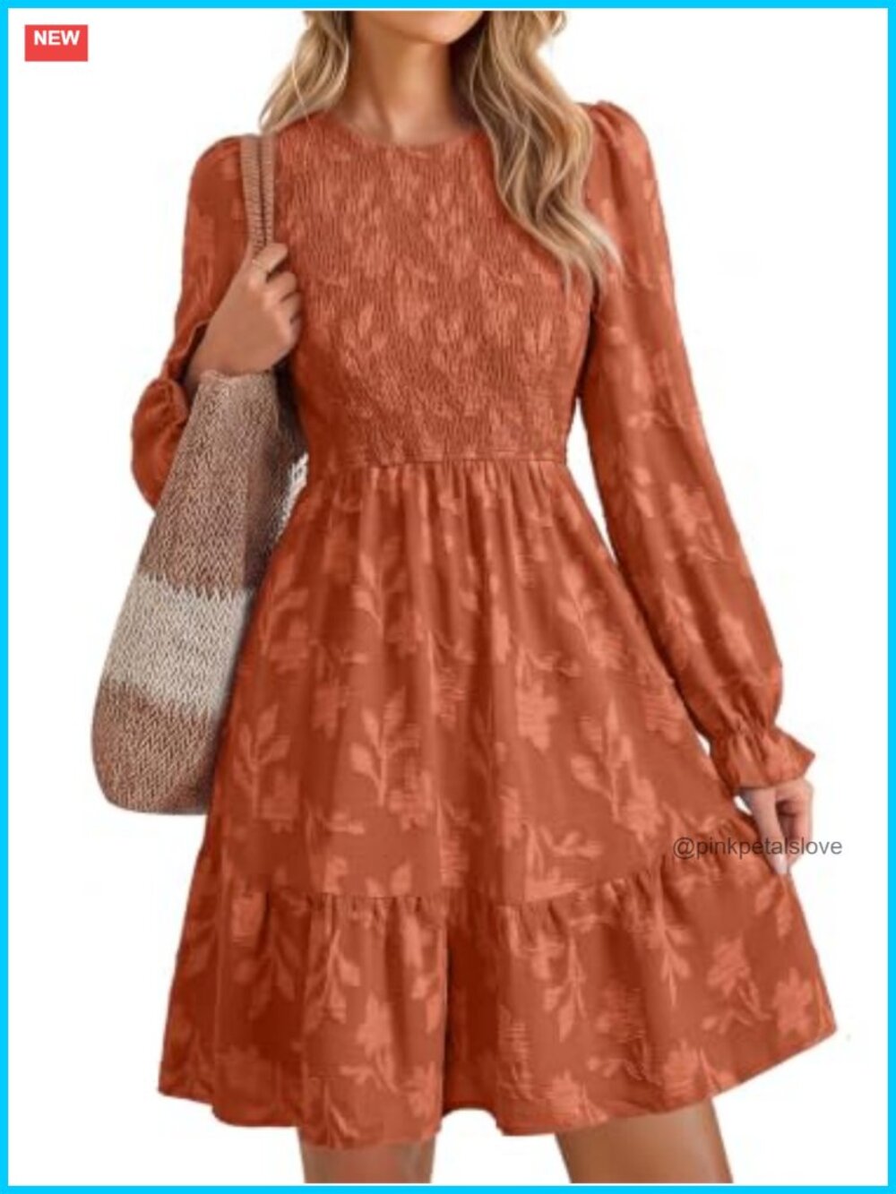 Simplee Long Sleeve Mini Dress Smocked Burnout Floral Fall Casual A-Line